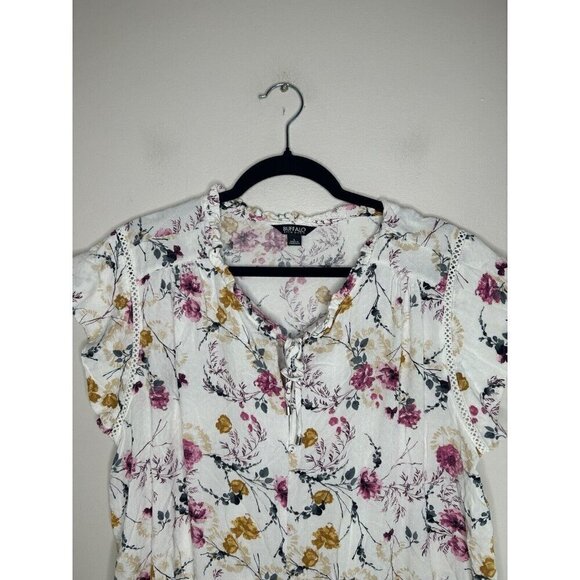 Buffalo David Bitton White Floral Blouse Capped Short Sleeves Size Large - Picture 3 of 11